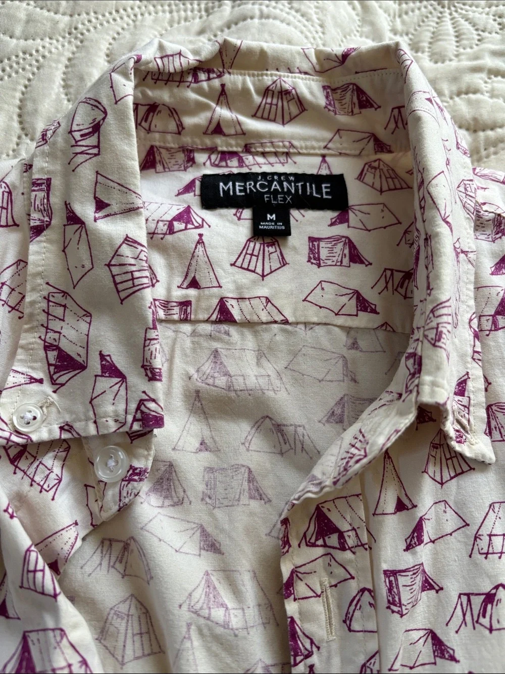 J Crew Men's Short-Sleeve Printed Camp Shirt in Cream and Magenta